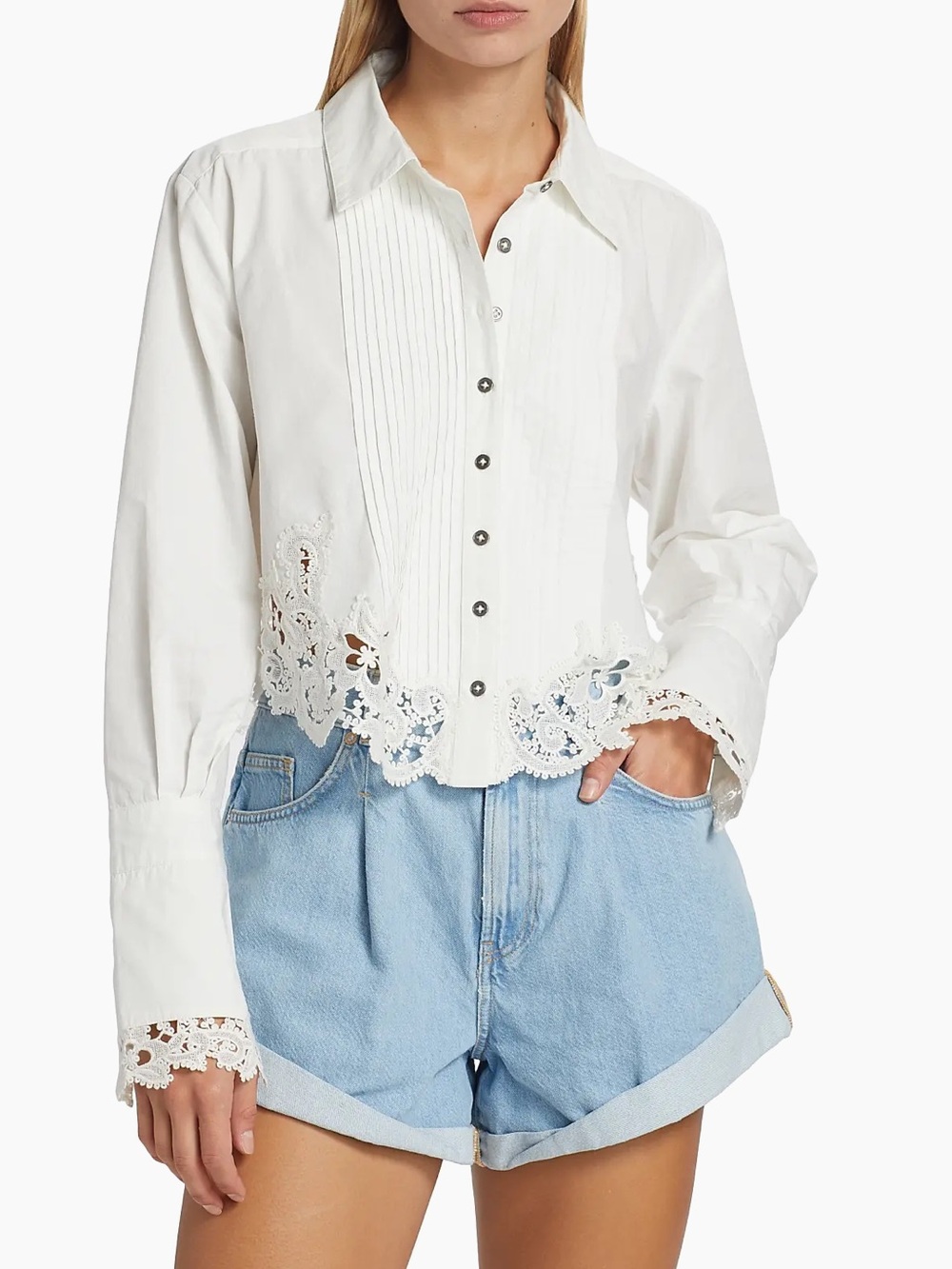 Free People 100% cotton lace white Hooked On You Battenburg shirt top jacket M